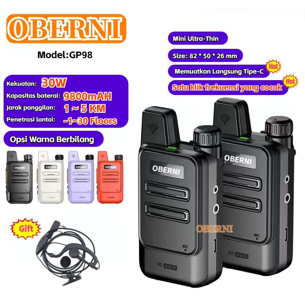 OBERNI Walkie Talkie Mini 30W High-Power 5KM Strong Penetration C-Type Charging Port  Replikasi Frek