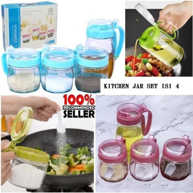 Tempat Bumbu 4 In 1 / Toples Bumbu Kaca 4pc / Rak Tempat Penyimpanan Bumbu dan Minyak 4pc