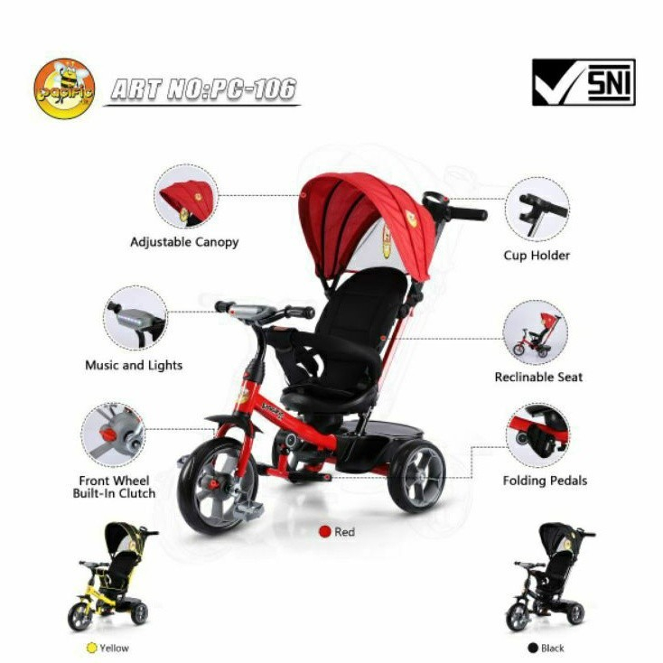 Sepeda roda tiga tricycle anak pacific 106 stroller sepeda anak 1-4 tahun musik dan lampu jok bisa p