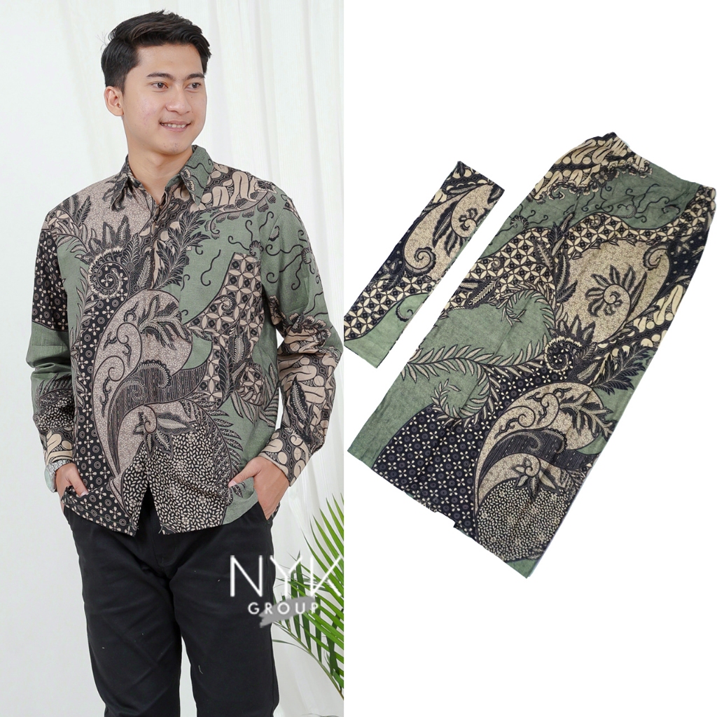 MOTIF UPDATE APTA BATIK - SET COUPLE KEMEJA DAN ROK  NUANSA SAGE MOTIF ANDIN  - BAJU BATIK COUPLE PA
