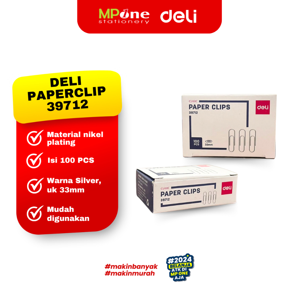

(1 KTK) DELI Paperclip Kertas Classic E39712 / 1 Box Klip Kertas isi 100pcs Deli Silver 39712