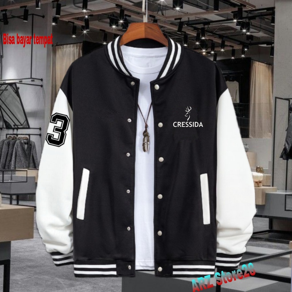 Terlaris !!!! Free Jaket Varsity Kancing  Text Putih Cressida 3Hitam  Sweater Distro Terbaru Jaket T
