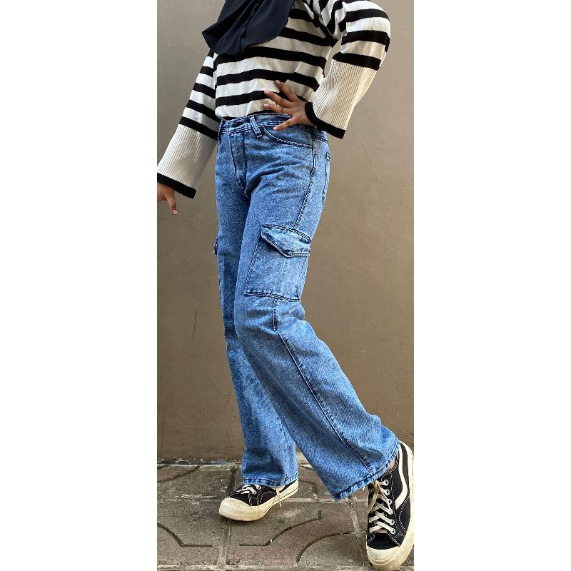 CELANA CARGO HIGHWAIST CELANA JEANS WANITA CEWEK  SAKU TUTUP PEREMPUAN KOREA STYLE