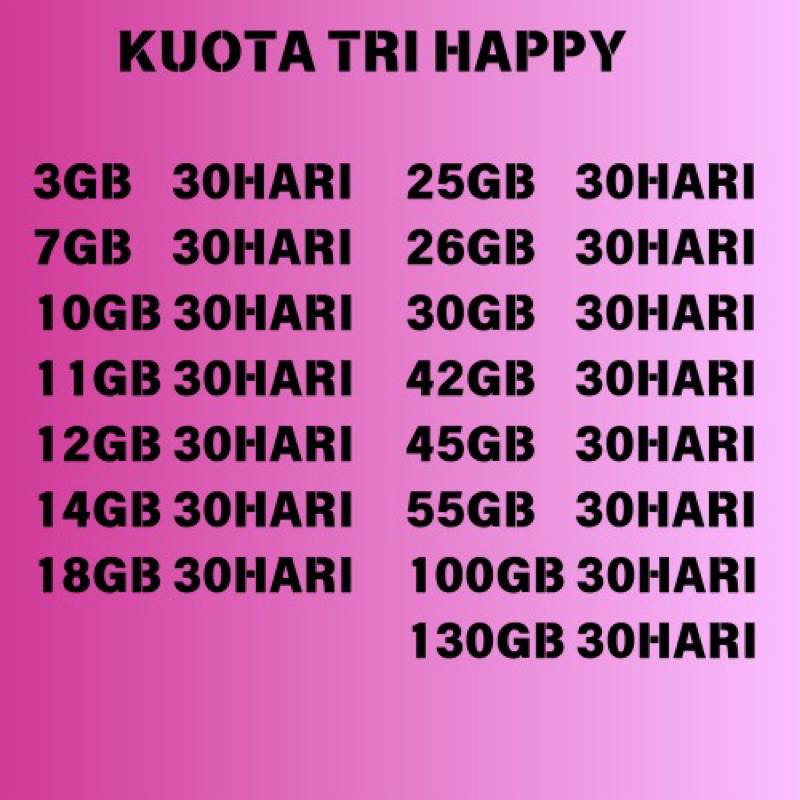 ISI ULANG KUOTA DATA TRI HAPPY NASIONAL 3GB 7GB 10GB 11GB 12GB 14GB 18GB 30GB 42GB 45GB 55GB 100GB 1
