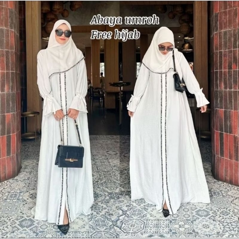 Abaya UMROH Set Jilbab Abaya Simple Dres Putih Maxi Muslimah Fashion Wanita