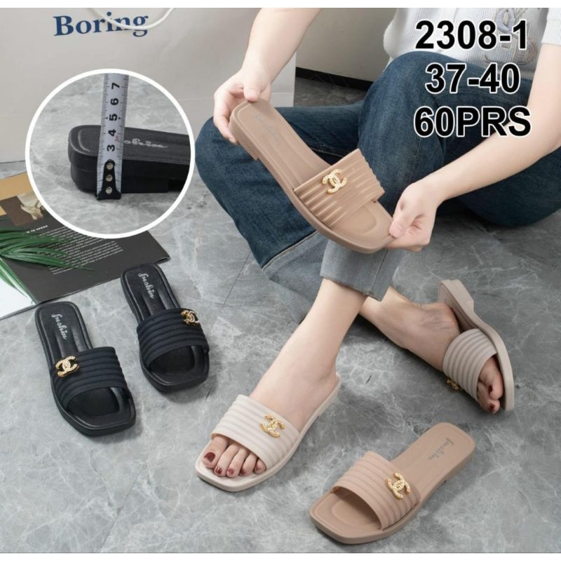 Sandal Flat Selop Jelly Wanita Motif Chanel Import Terbaru 2308