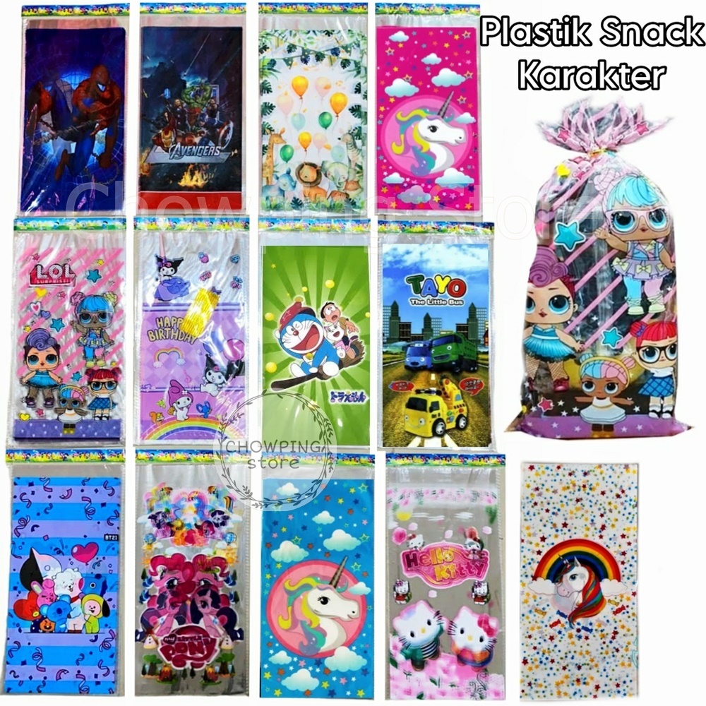 

Plastik Snack Kado Souvenir Ulang Tahun M 20x40cm Spiderman HK Shark Tayo Animal Jungle BTS Pony LOL