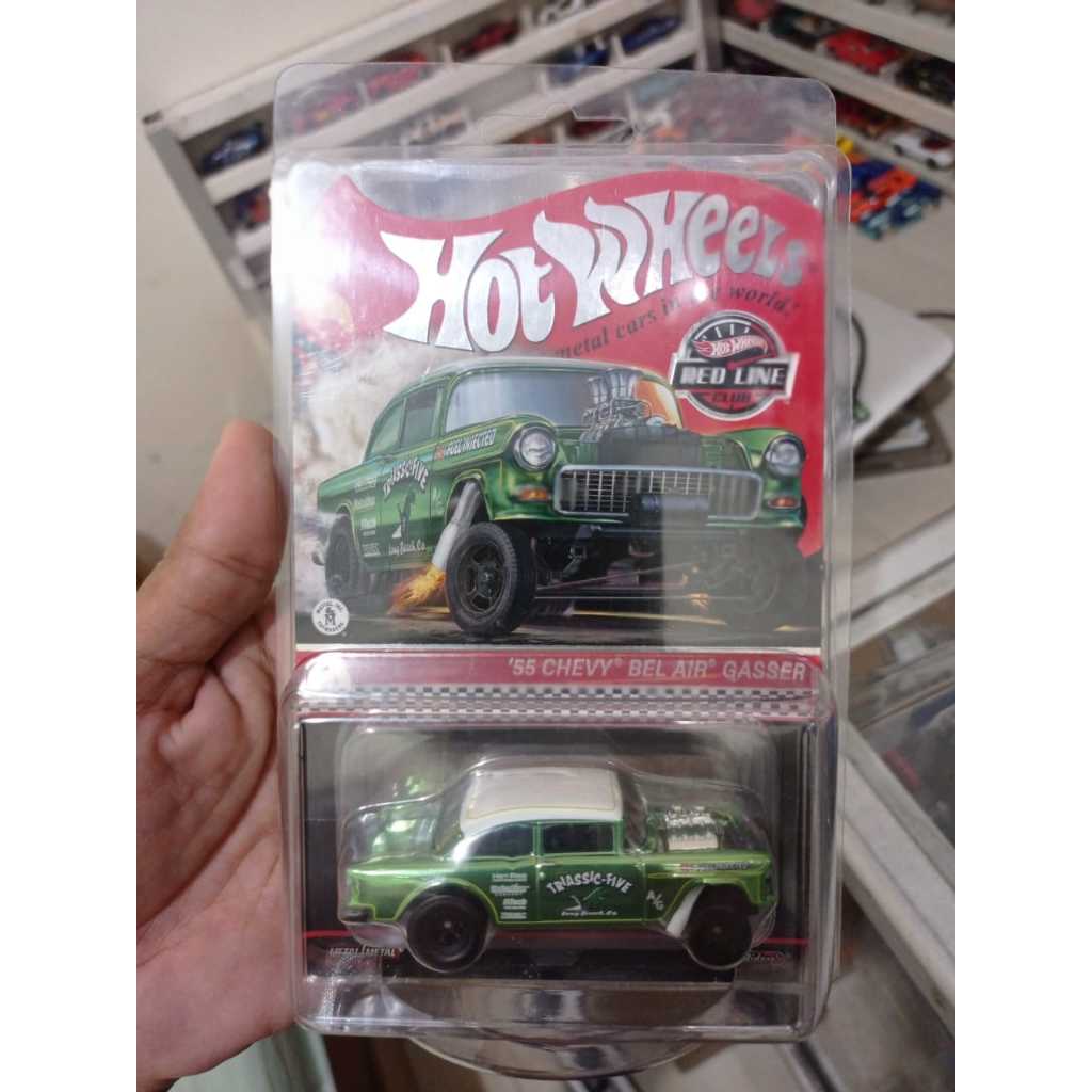 Hotwheels premium 55 chevy bel air gasser Red line RLC triassic five green
