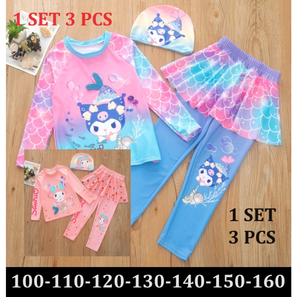 3in1 1 set 3 pcs Baju Renang Premium Lengan celana panjang topi sanrio kuromi my melody mermaid ikan