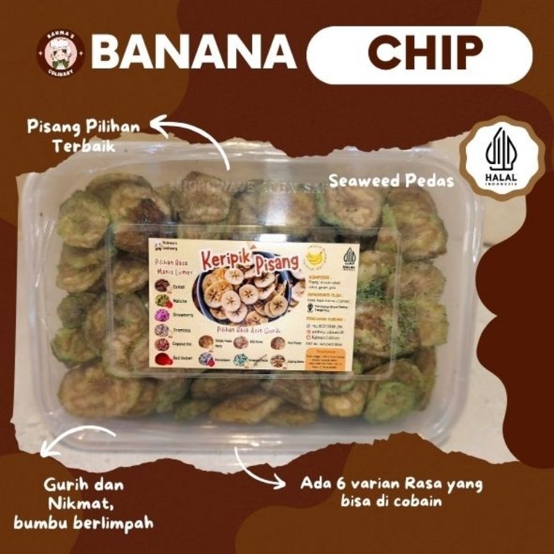 

Keripik Pisang Gurih Rasa Seaweed Pedas/Rumput Laut Pedas/Banana Chips Box