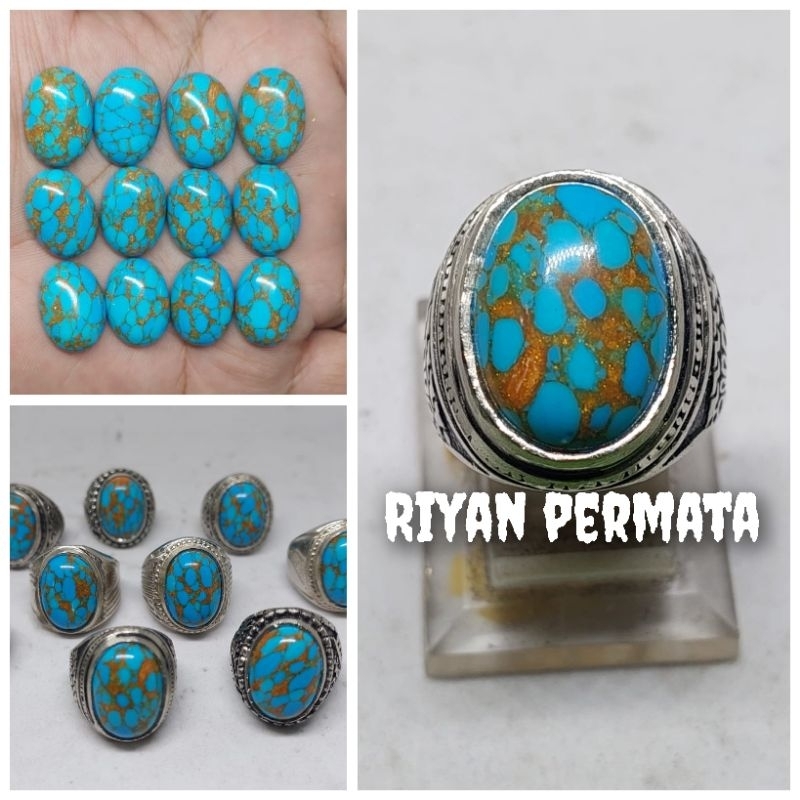 Cincin batu pirus Mesir royal blue serat emas/ceplok kuro