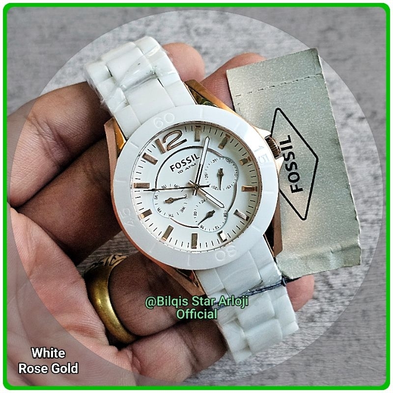 Jam Tangan Wanita Fossil Riley Case Rose Gold Tali Keramik Original