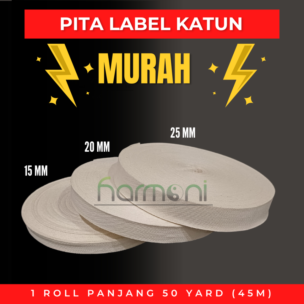 

Label Pita Katun Lokal Polos 1.5cm 2cm 2.5cm Panjang 45 meter
