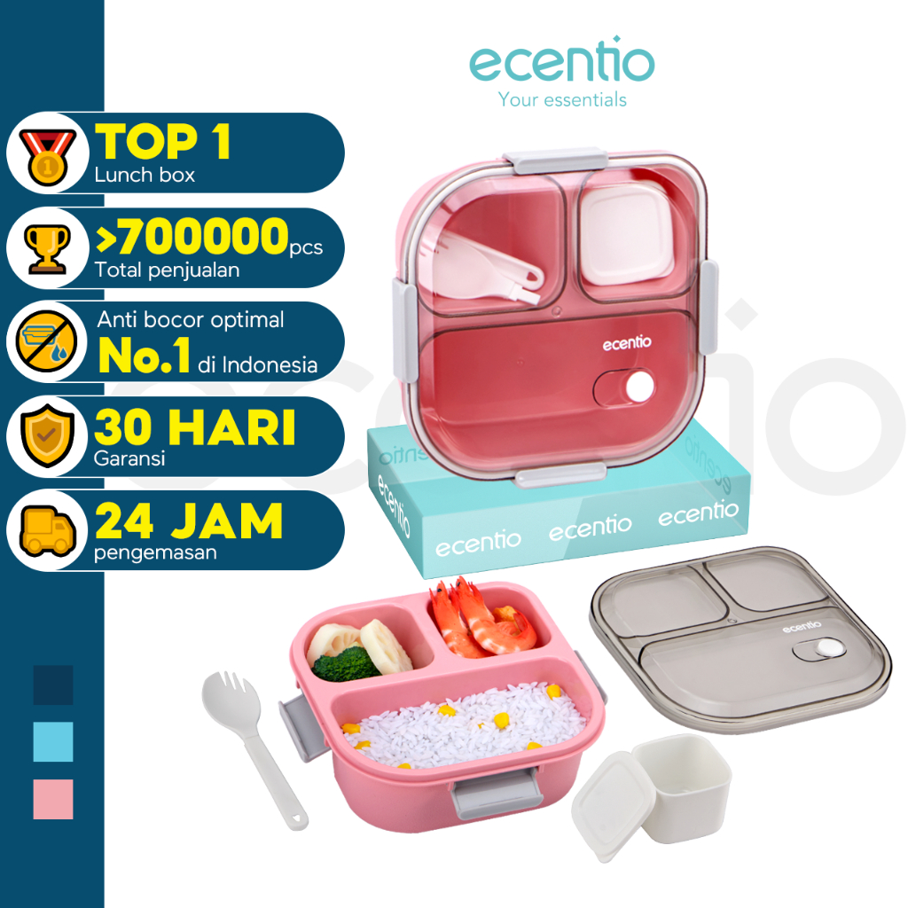 Ecentio Kotak Makan toples plastik anti tumpah 3 Grid 850ml/1100ml lunch box Biru/Hijau/Pink tempat 