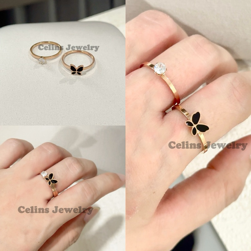 Cincin Titanium Wanita Premium Kupu Glassy Anti Karat