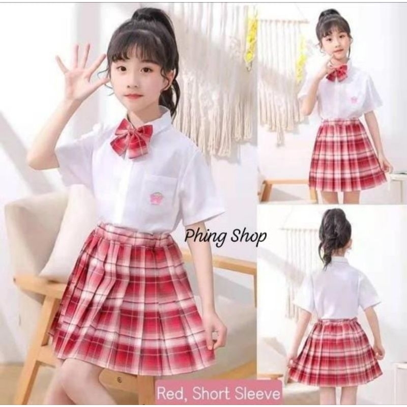 ￼Seragam Anak Perempuan Kemeja + Plaid Skirt Rok Pleated Plisir Tartan Sekolah Les Formal Dasi Baju 