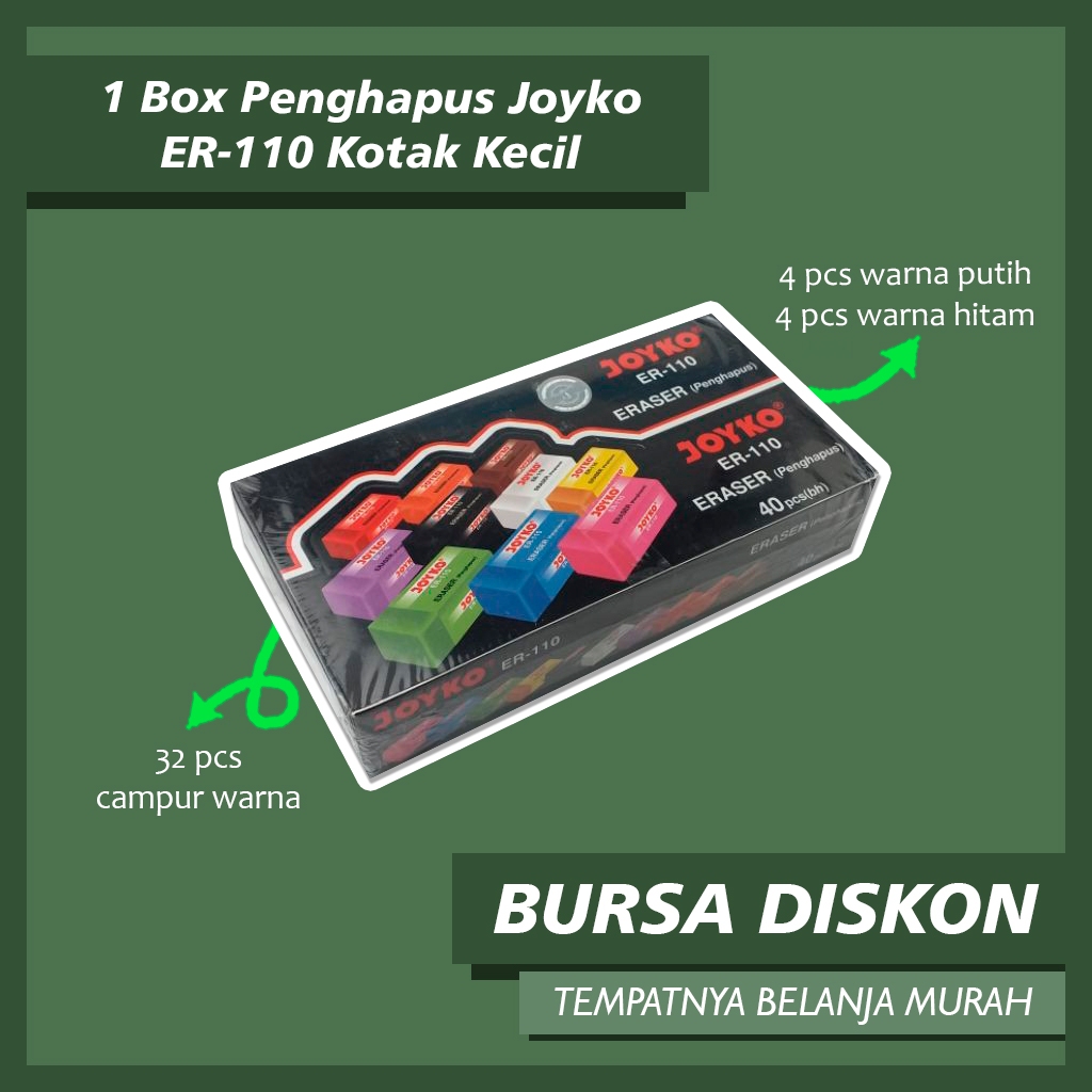 

1 Box/ 40 pcs Penghapus Joyko ER-110 Kotak Kecil Warna-warni Setip Eraser Penghapus Sekolah Anti Hitam