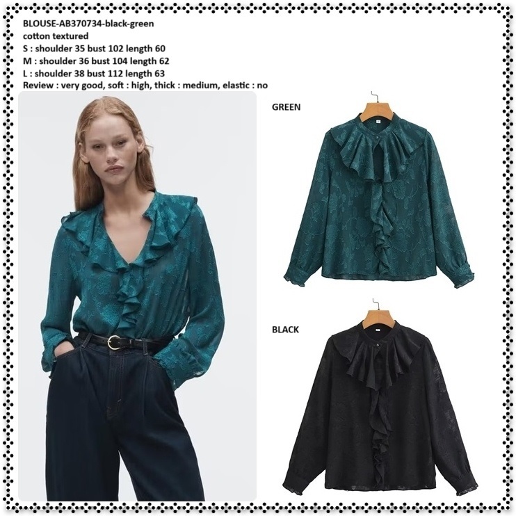 AB370734 Baju Atasan Ruffle Blouse Lengan Panjang Rempel Wanita Korea Import HItam Hijau Black Green