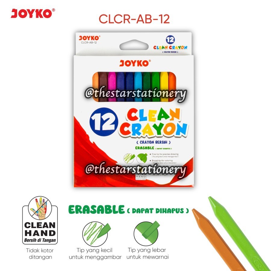 

(1 Set / 12 Warna) GROSIR Clean Crayon Joyko CLCR-AB-12 12 Warna / Krayon Bersih Joyko CLCRAB12 / Joyko CLCR AB 12