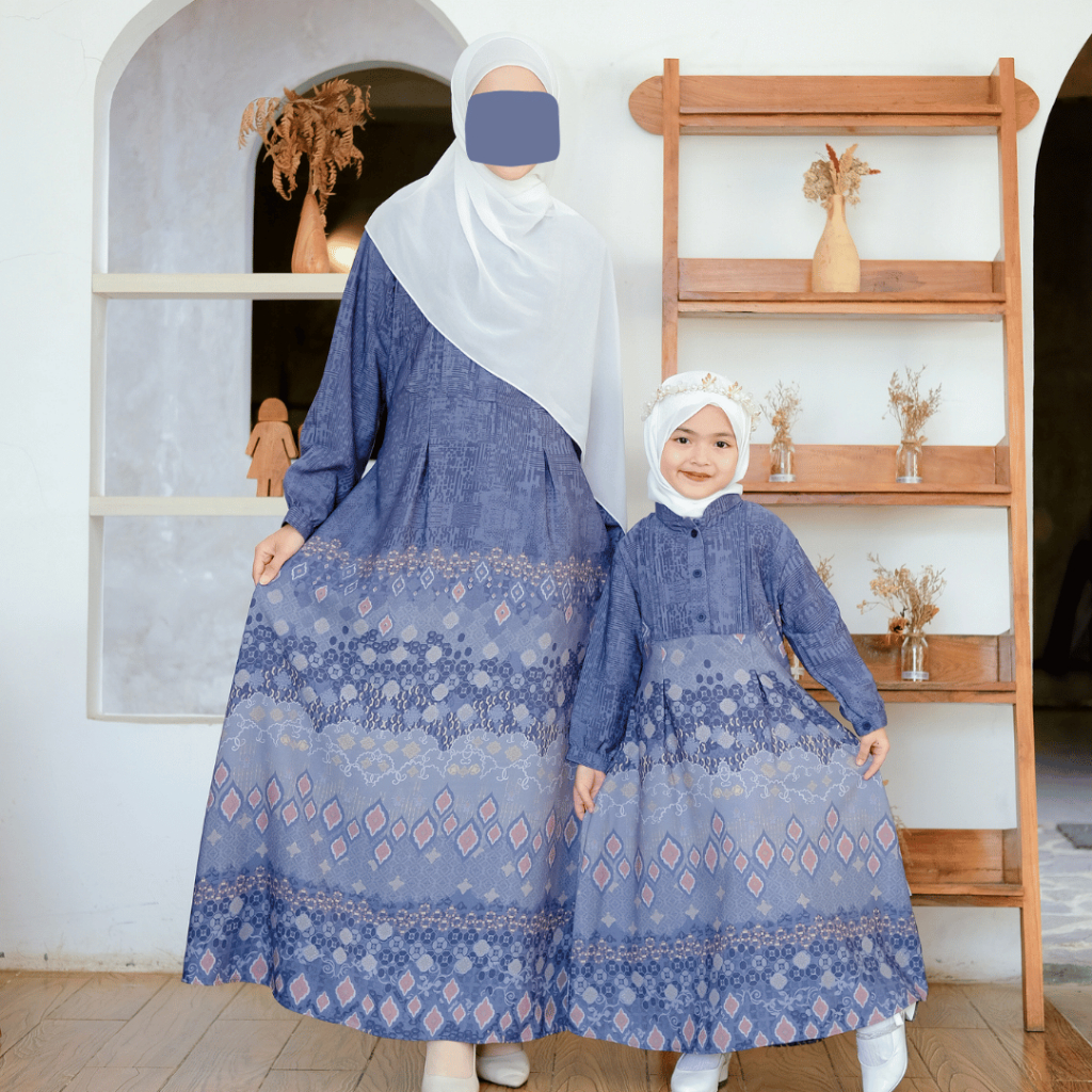ASYMAH - GAMIS ANAK COUPLE  IBU MOTIF ETHNIC MODERN  SERIES ATIKA WARNA NAVY  BY ASYMAH