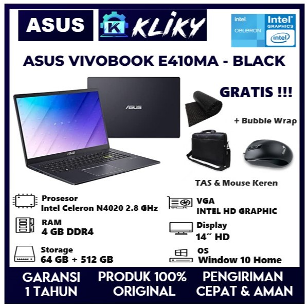 Laptop Asus Vivobook E410MA Intel N4020 Ram 4GB Ssd 512 GB Black