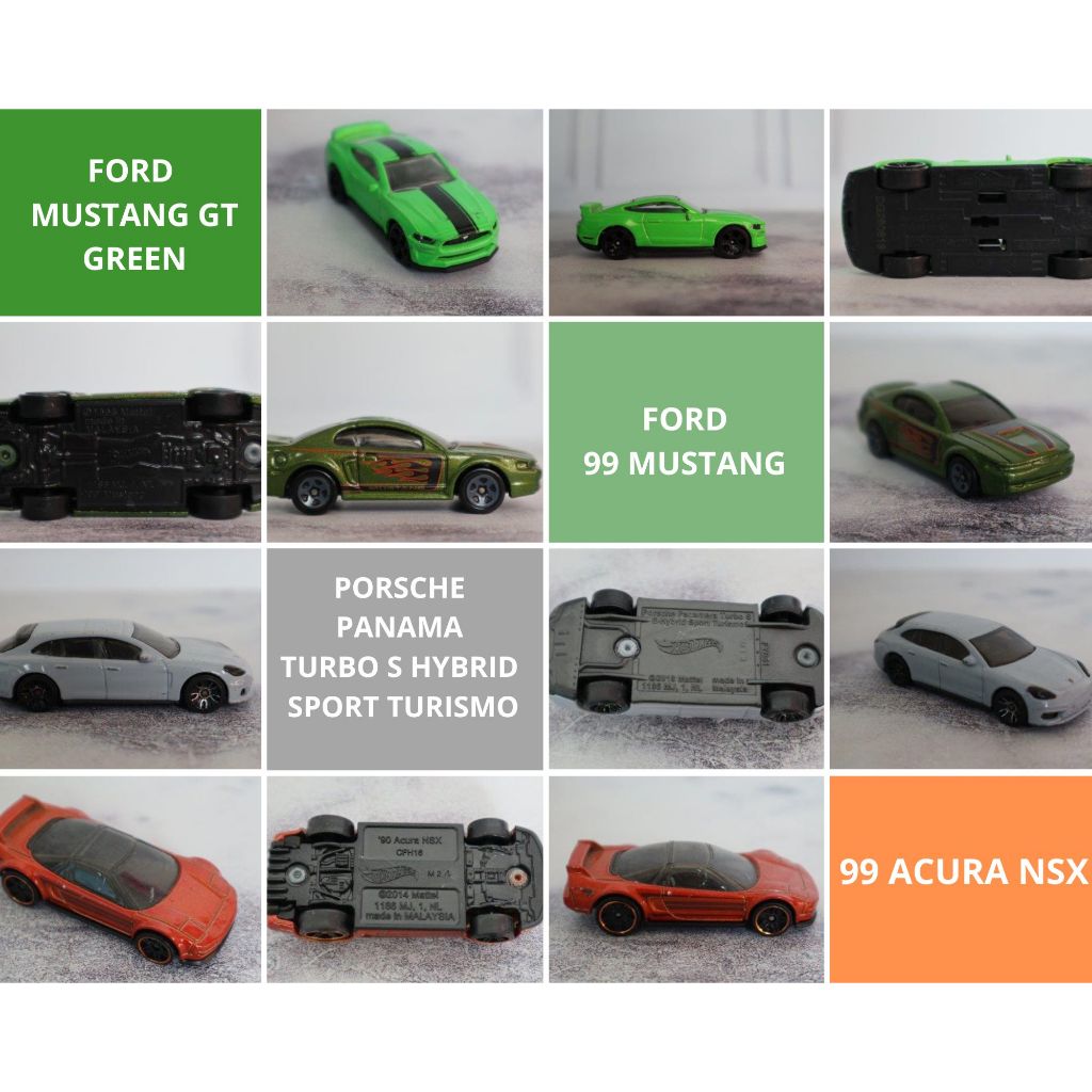 HOTWHEELS FORD MUSTANG GT GREEN, FORD99MUSTANG,PORSCHE  PANAMA HYBRID SPORT TURISMO, 99 ACURA NSX