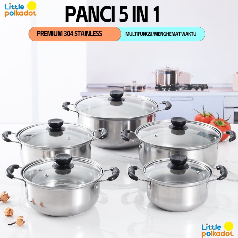 Panci Set 5 PCS Tutup Kaca Stainless 16/18/20/22/24cm Stock Pot Serbaguna Panci Susu Anti Lengket Pa