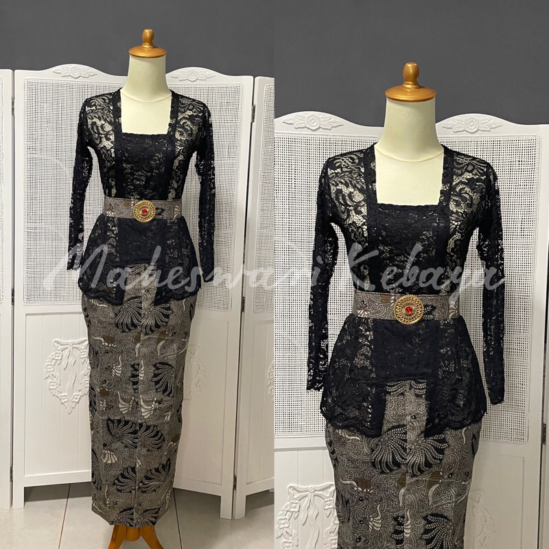 Kebaya Bali Set Brukat Hitam Panjang Rok Batik