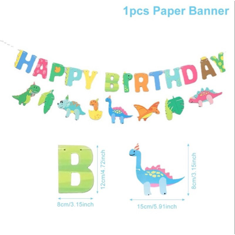 Banner tulisan happy birthday karakter binatang dinosaurus hewan animal bunting flag baner garland k
