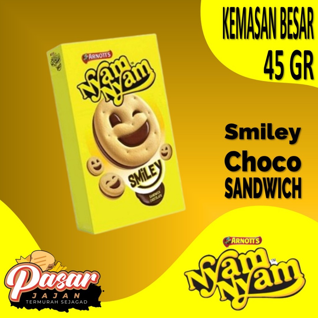 

Nyam Nyam Smiley Sandwich Chocolate Kemasan Besar 45Gr Biskuit Coklat Lucu