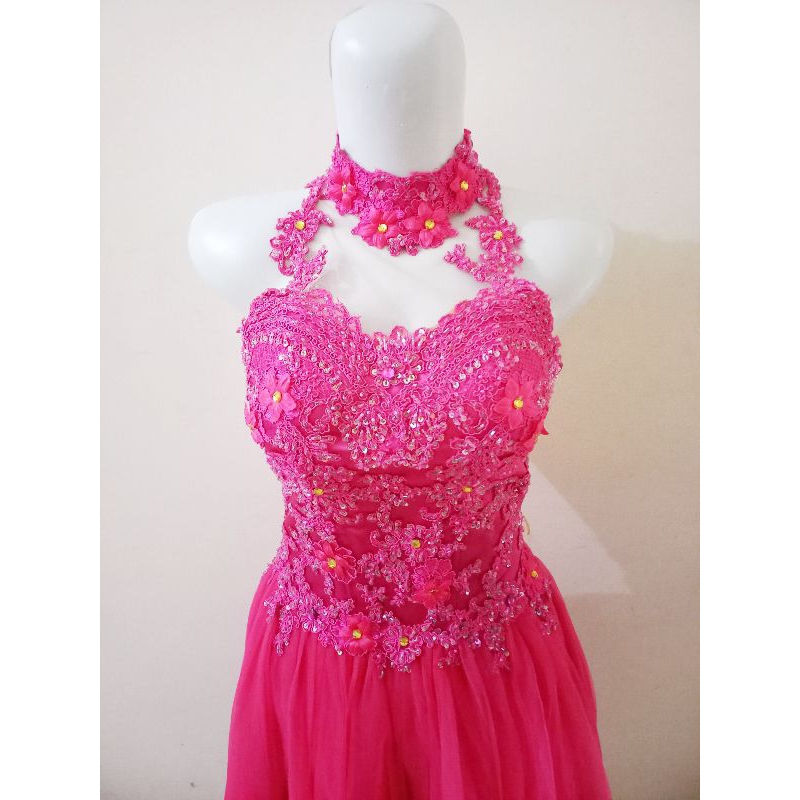 GAUN PESTA GAUN MALAM PINK FUSCHIA TILE BROKAT
