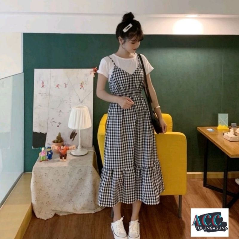 OVERALL DRESS KOTAK WANITA KOREAN STYLE HOUNSTOOTH CASUAL DRESS KATUN PREMIUM TEBAL
