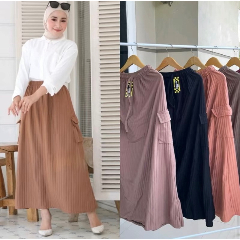 ROK CARGO KNIT HORNET / ROK CARGO SKIRT KNIT HORNET WANITA MUSLIMAH PINGGANG FULL KARET