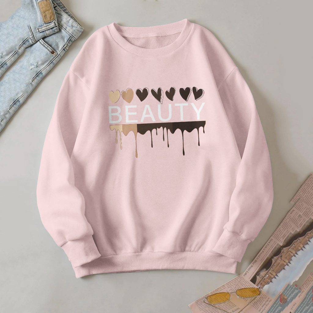 TF - BEAUTY LOVE Sweater Oversize Wanita Dan Pria Crewneck Big size Atasan Kekinian