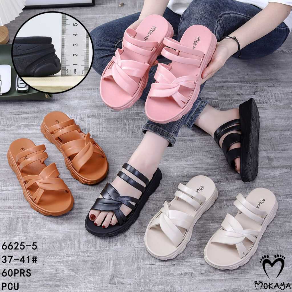 Sandal Slop Jelly Wanita Ban Ikat Silang Tali 2 Sol Tebal Empuk Cantik Casual Import Mokaya / Size 3