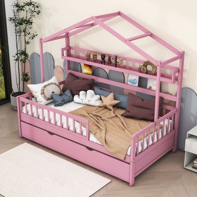Ranjang anak double bed warna pink, tempat tidur anak perempuan, dipan anak perempuan,