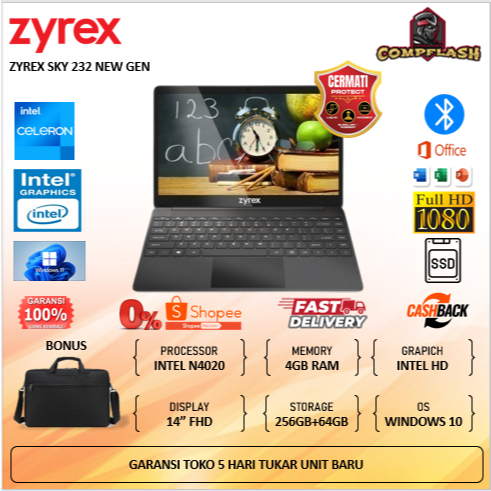 LAPTOP ZYREX SKY 232 NEW GEN N4020 RAM 4GB SSD 256GB+64GB WINDOWS 10 FHD
