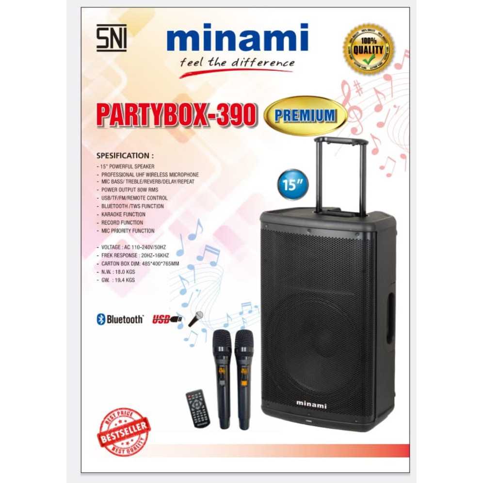 Speaker Portable MINAMI Partybox PB 390 PREMIUM 15 Inch Mic Wireless Baterai Aki Accu Audio UHF Meta