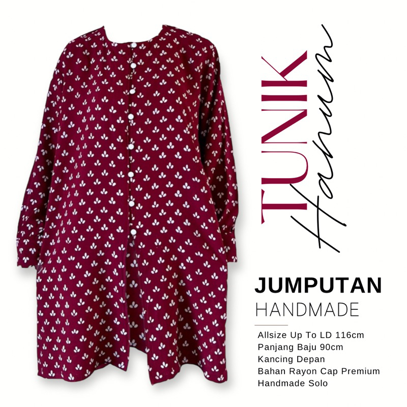 Hanum Tunik Batik Cap Handmade Solo Wanita Modern Jumbo Ld 116cm Kancing Depan Lengan Panjang Bahan 