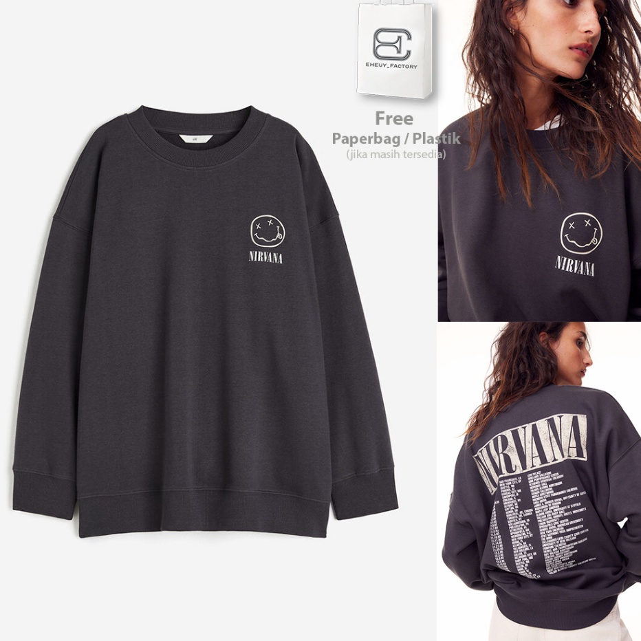 Termurah Crewneck HM NIRVANA TOUR Smile Orinal BlackWash Hitam Buluk Sweater Washed Wanita Flecee Ka
