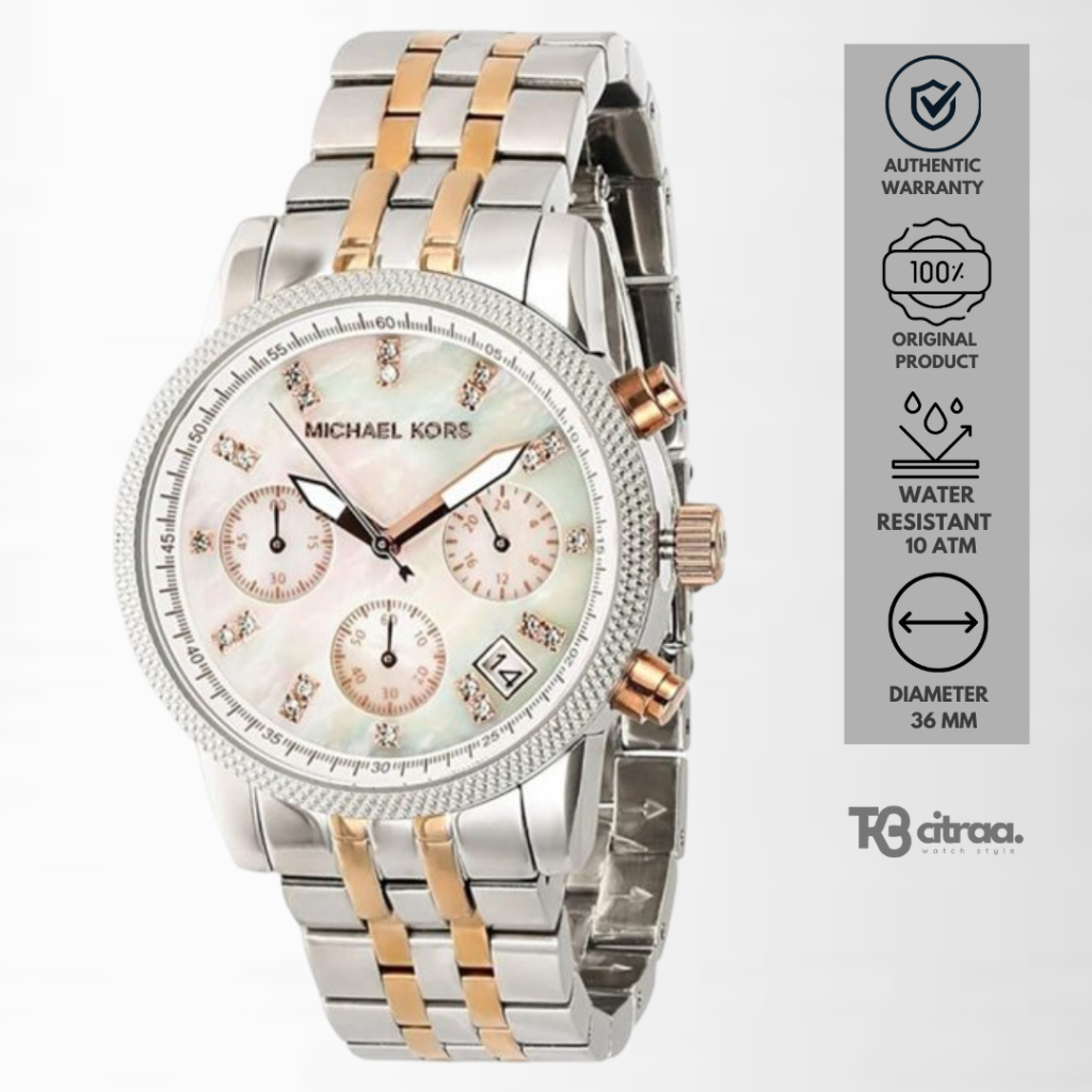 jam tangan wanita Michael Kors Runway analog strap rantai cewek chronograph white dial stainless ste