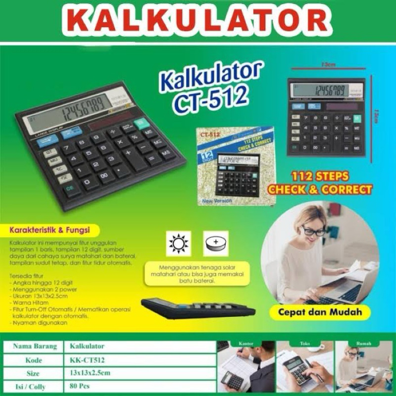 

Kalkulator Model CT-512 12 Digit New Version 2 Power Batterai dan Tenaga Surya