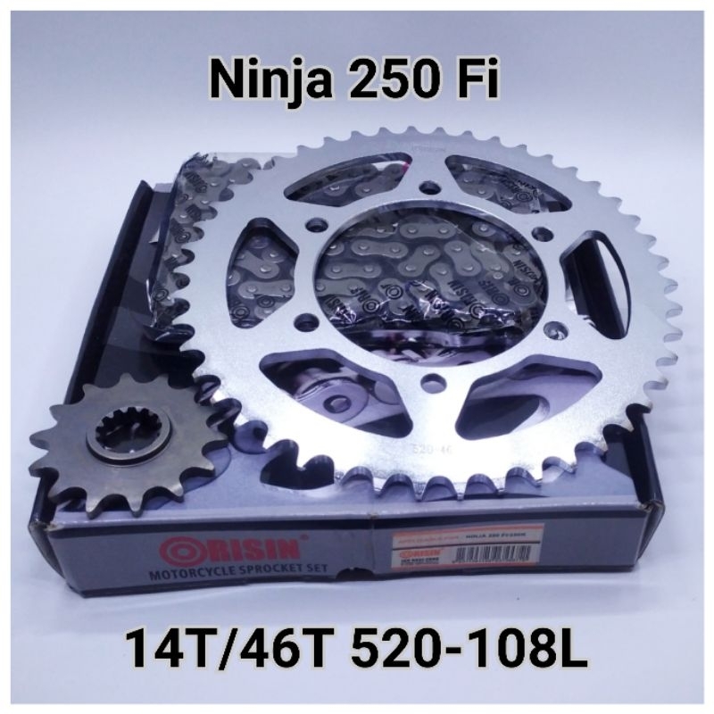 Orisin Gear Paket Set Ninja 250 Fi Karbu Gear Depan 14T Gear Belakang 46T Rantai 520 108L