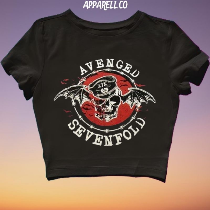 CROP TOP AVENGED SEVENFOLD TENGKORAK | GRUNGE | CROPTOP HITAM | CROP TEE SLIM FIT STYLE Y2K VINTAGE 