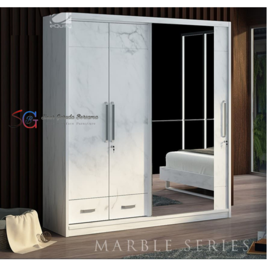 LEMARI PAKAIAN JUMBO 3 PINTU KACA SLIDING AND SWING BESAR MOTIF MARMER MEWAH / LEMARI BAJU JUMBO PUT