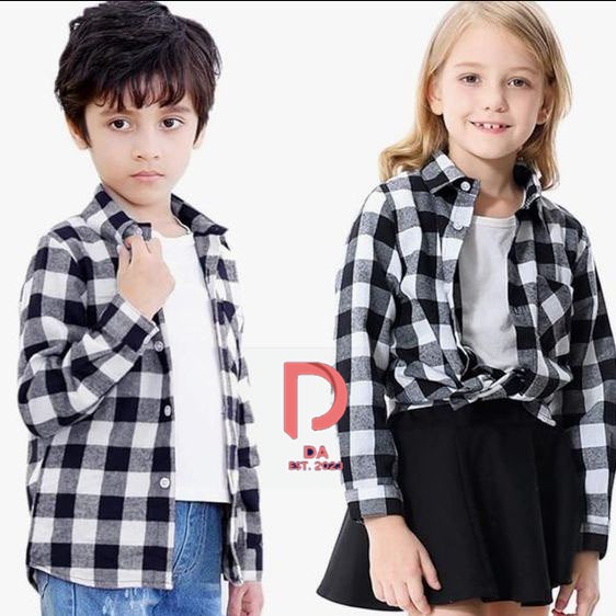 Anak Anak Flanel Hitam Putih Cowok Cewek / Kemeja Flanel 3-12 Tahun Kotak Kotak Lengan Panjang 2025