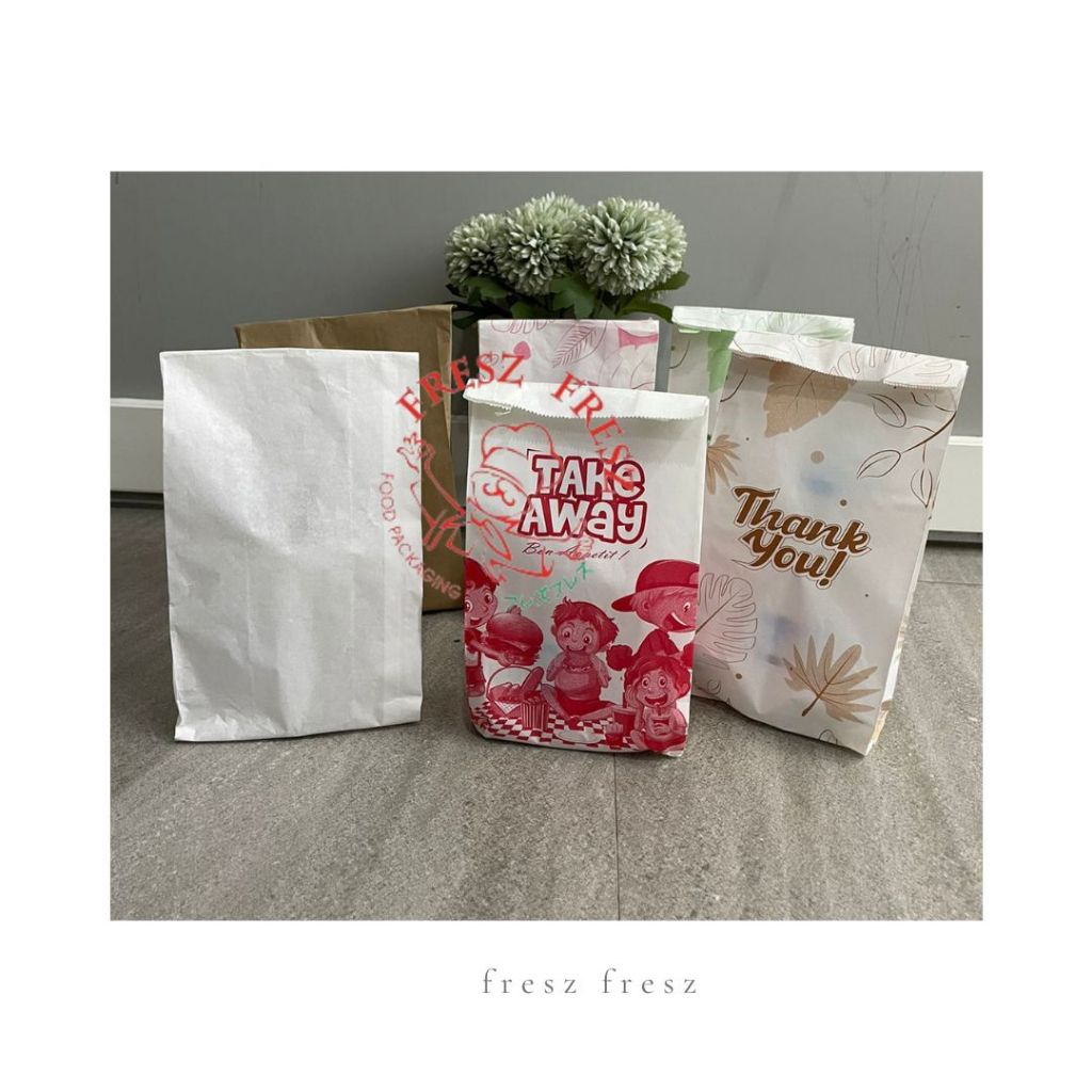 Kantong Kertas Paper Bag Makanan Cemilan Gorengan Take Away Food Grade Polos Motif Fresz Fresz