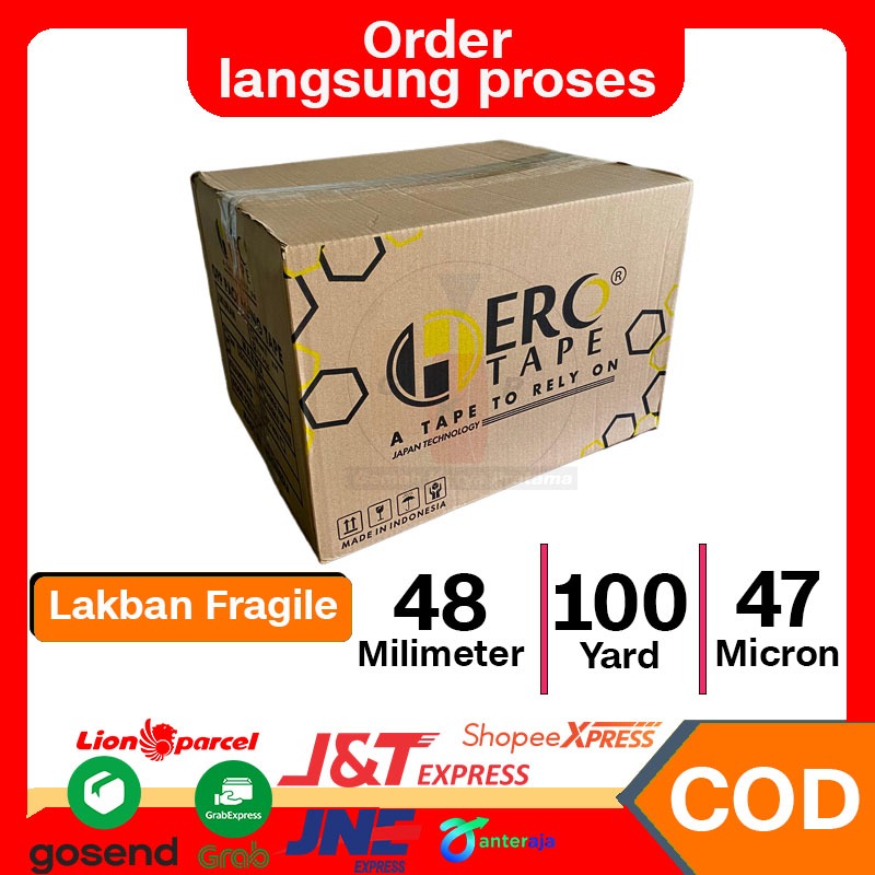 

1 DUS (72pcs) Lakban Fragile Unboxing Merah 48mm 100 yard 47micron HERO TAPE
