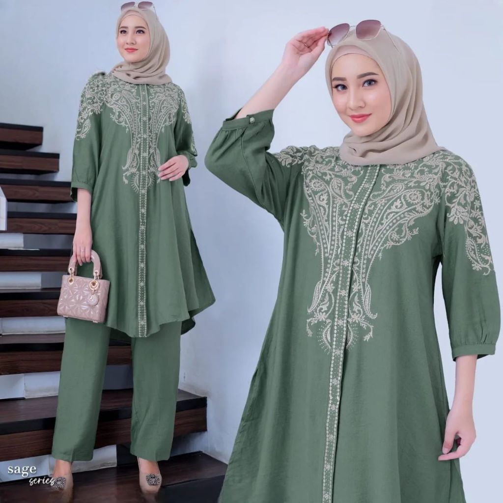 Promo Berilda Set Setelan Celana Panjang Wanita Kekinian  / Bahan Cringkle Airflow Mix Bordir / One 