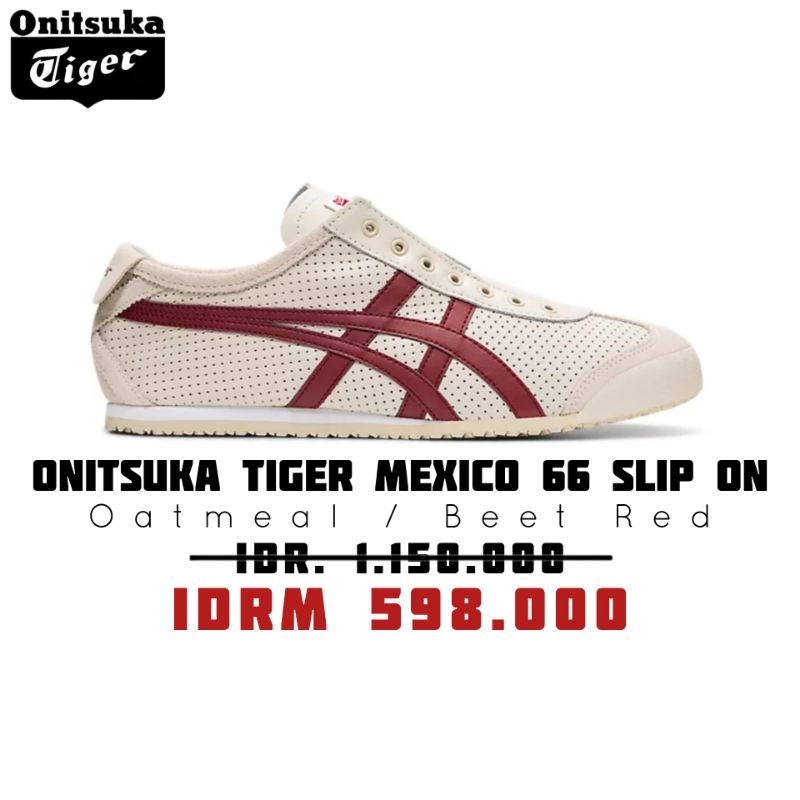 SEPATU ONITSUKA TIGER LEATHER SLIP ON ORIGINAL OATMEAL / BEET RED